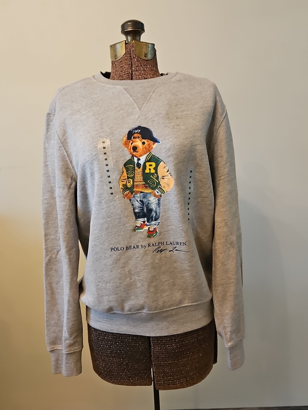 New with Tags Polo Ralph Lauren Varsity Teddy Bear Crewneck Sweatshirt Grey Med